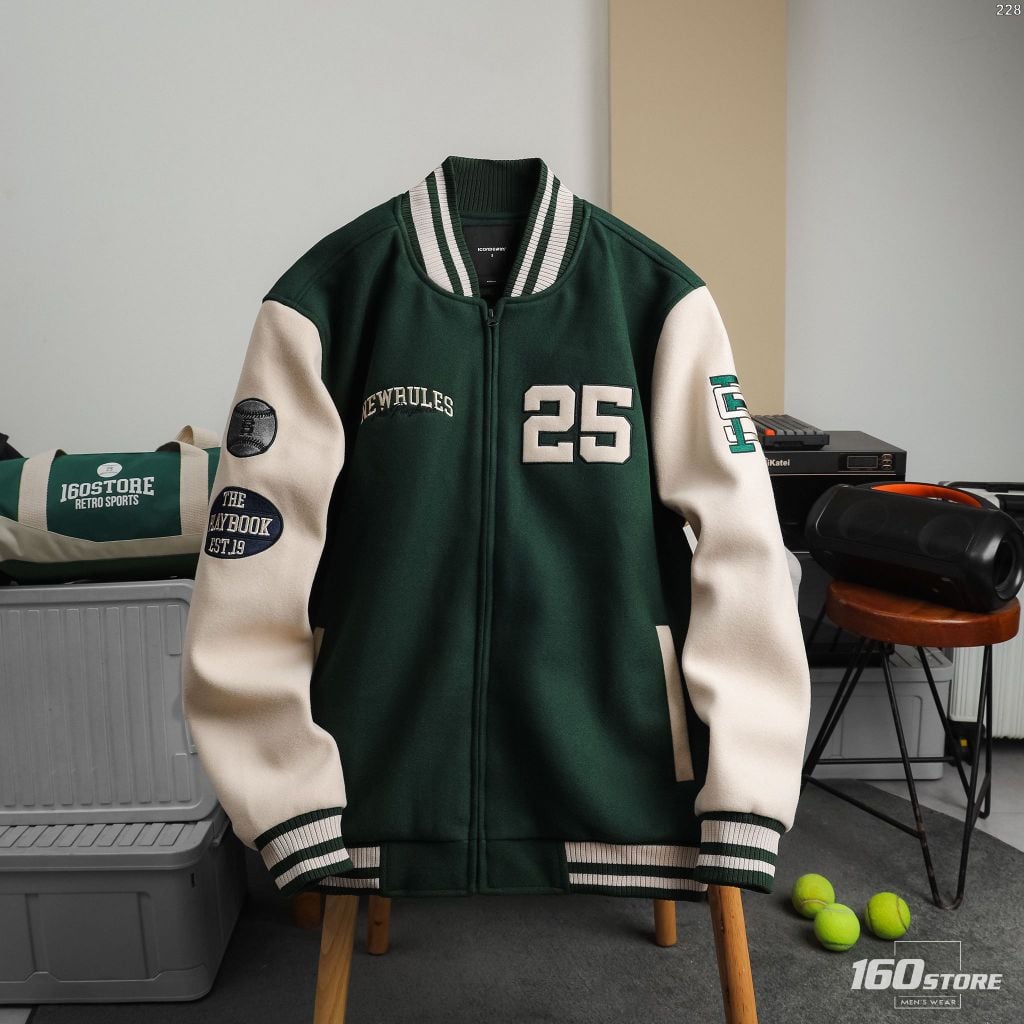 Áo Khoác Bomber/Varsity Phối Màu Xanh Rêu Kem