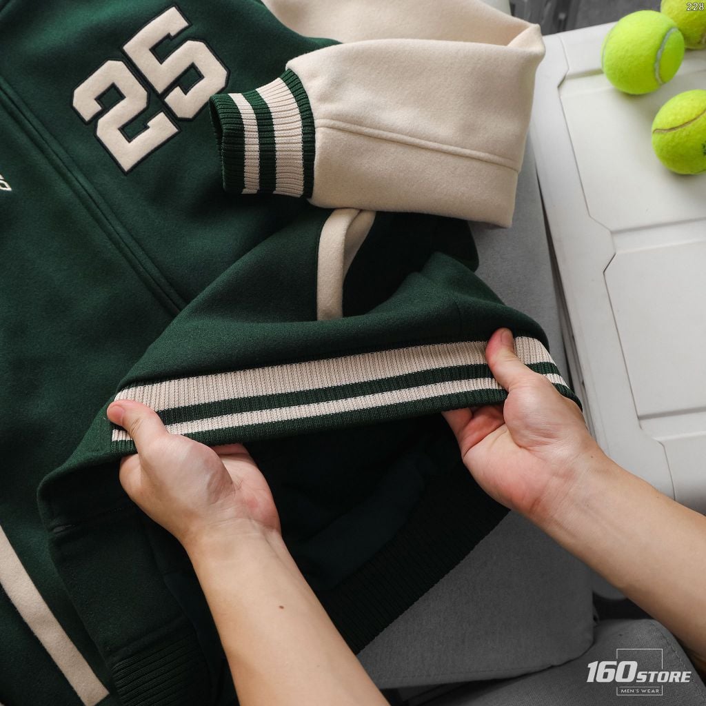 Áo Khoác Bomber/Varsity Phối Màu Xanh Rêu Kem