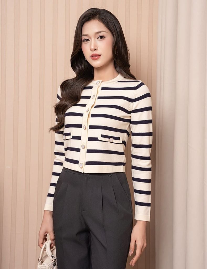 Áo Cardigan Crop Top Sọc Ngang Hải Quân