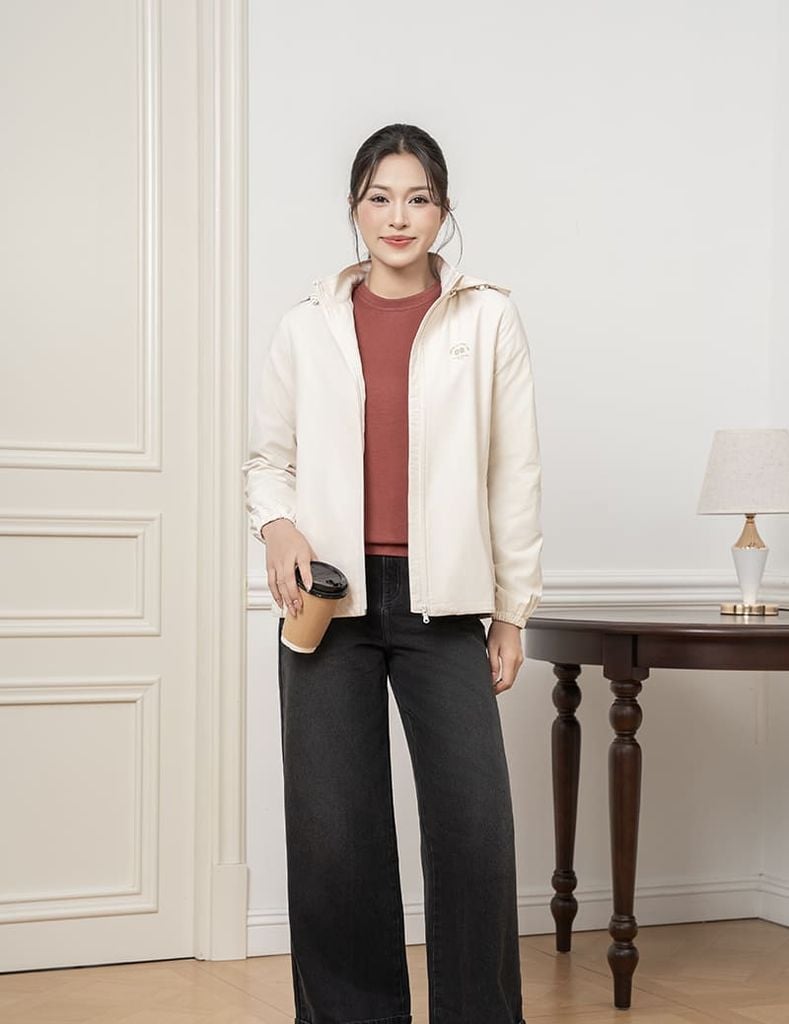 Áo Khoác Dù/Dã Ngoại Có Mũ Màu Trắng Kem