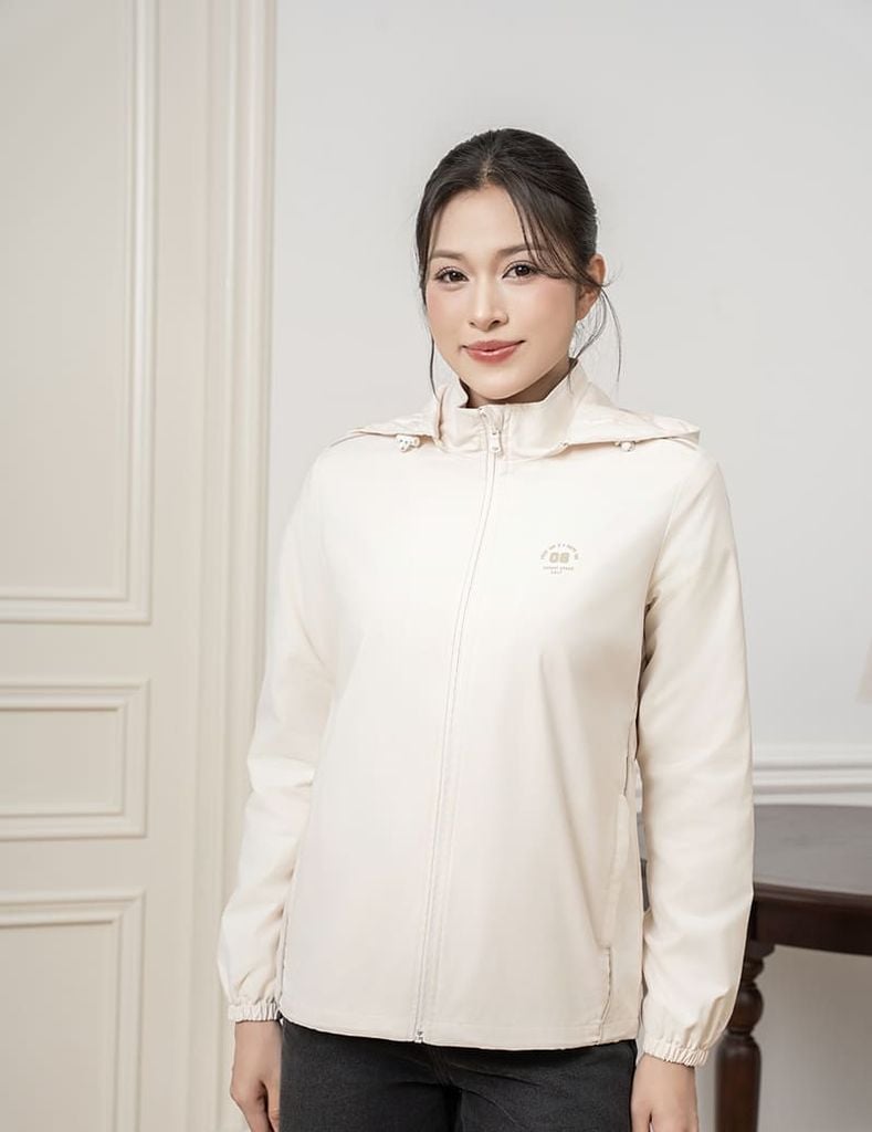 Áo Khoác Dù/Dã Ngoại Có Mũ Màu Trắng Kem