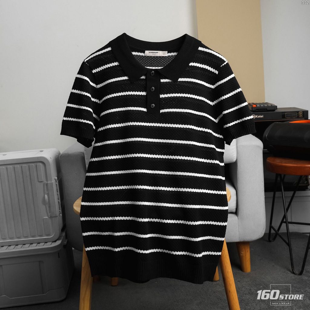 Áo Polo Len Dệt Kim Sọc Ngang Đen Trắng