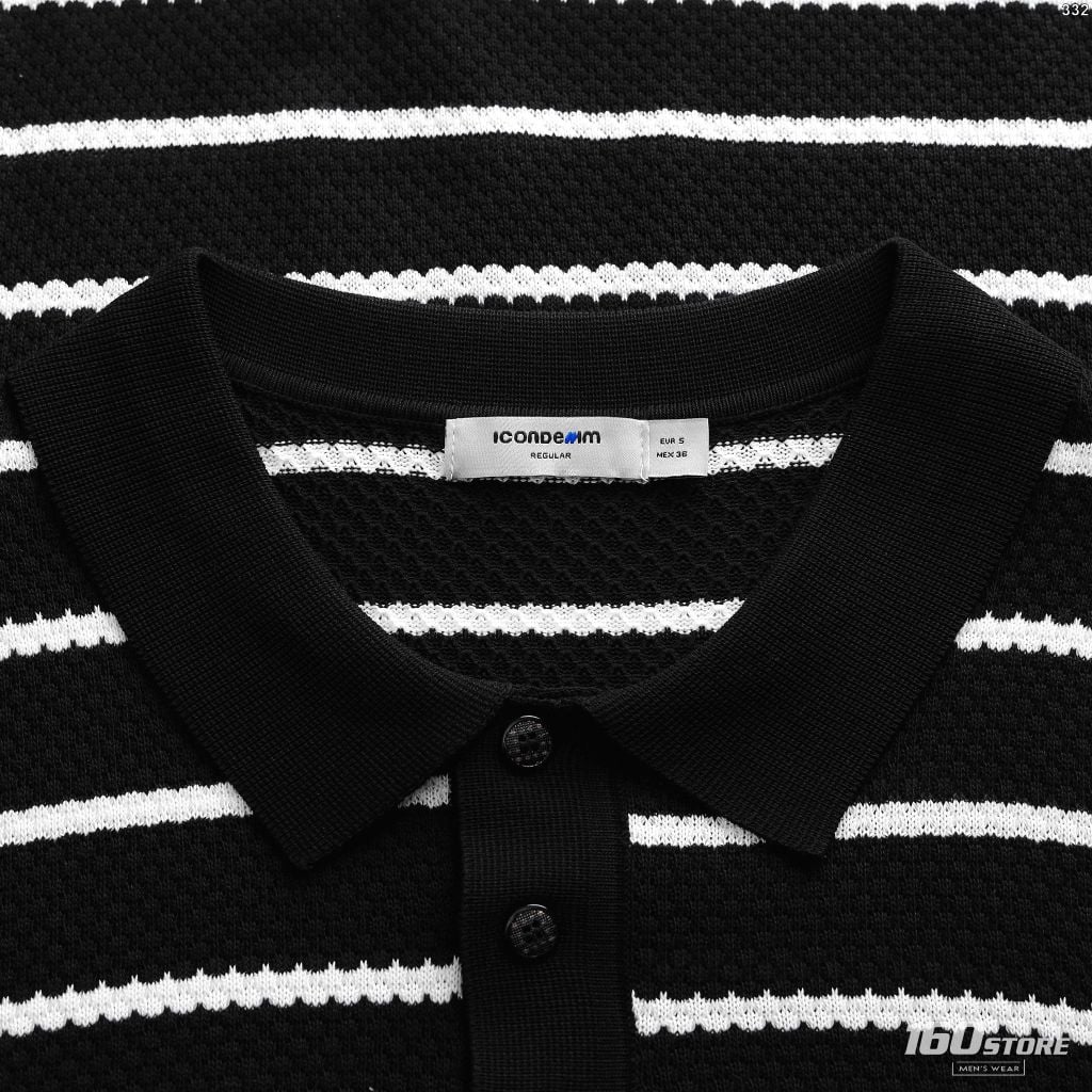 Áo Polo Len Dệt Kim Sọc Ngang Đen Trắng