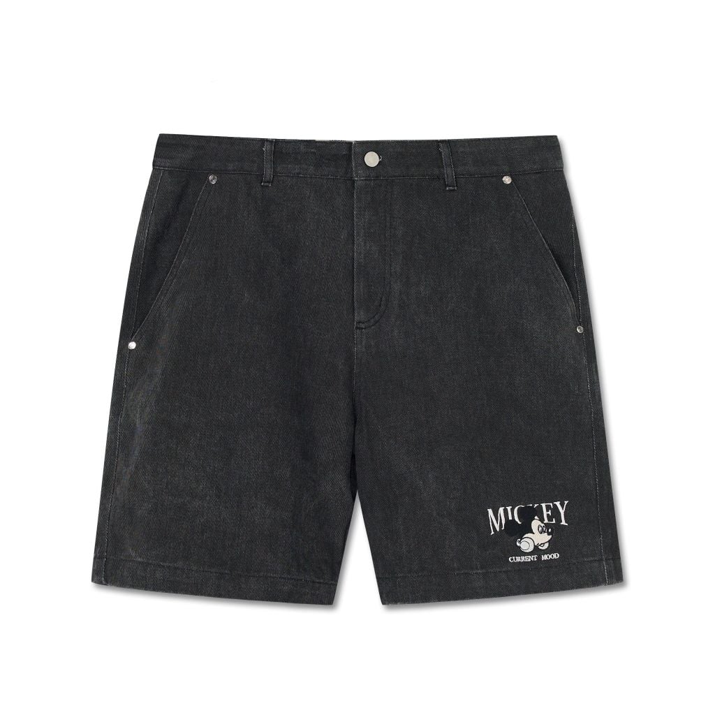 Quần Short Denim Đen Rửa Trôi Thêu Hình Mickey
